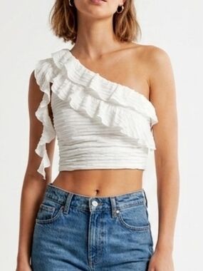 One-Shoulder White Ruffle Crop Top - XS